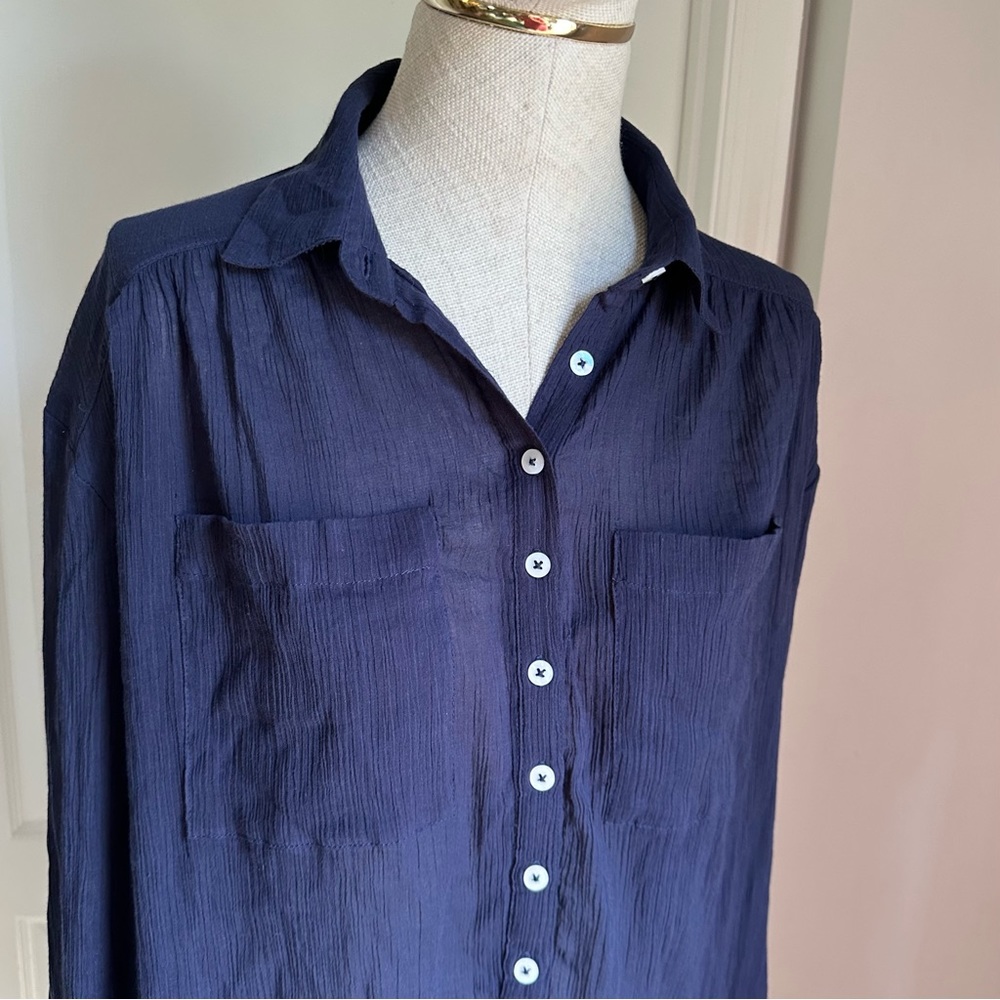 Anthropologie Long Navy Button Down Gauze Tunic/Shirt - Picture 4 of 10